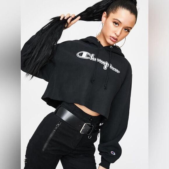 Champion Black Reverse Weave Embroidered Cropped Hoodie Sweatshirt - Picture 12 of 12